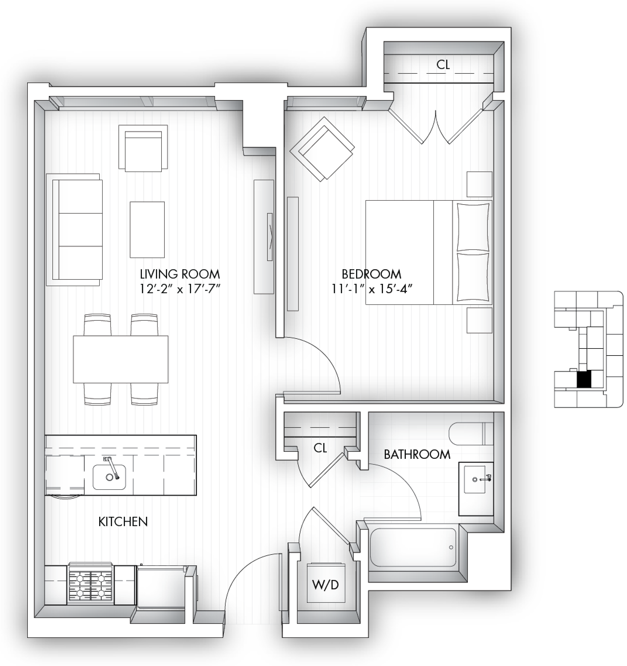 Floor plan for 1 bed, 1 bath, 696 sqft